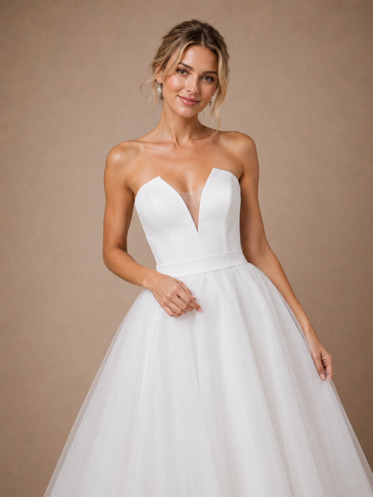 Chicsew Fancy V-Neck Sleeveless A-Line Tea-Length Crepe Tulle Wedding Dress