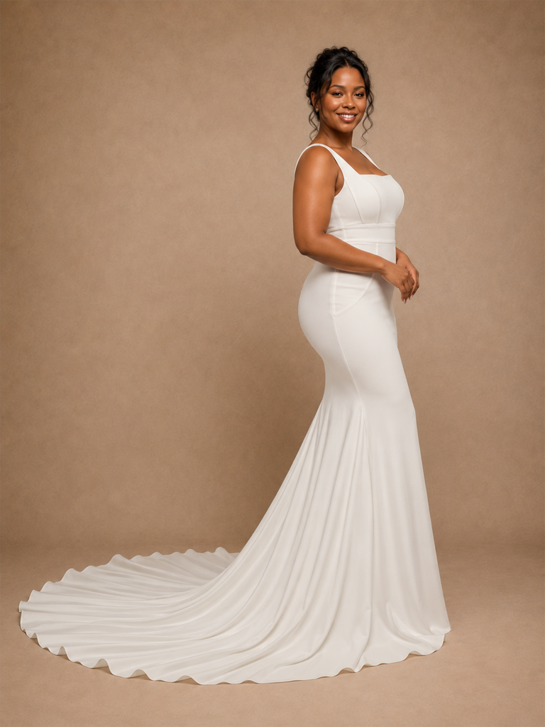 ChicSew Elegant Mermaid Crepe Square Neck Sleeveless Maxi Long Wedding Dress