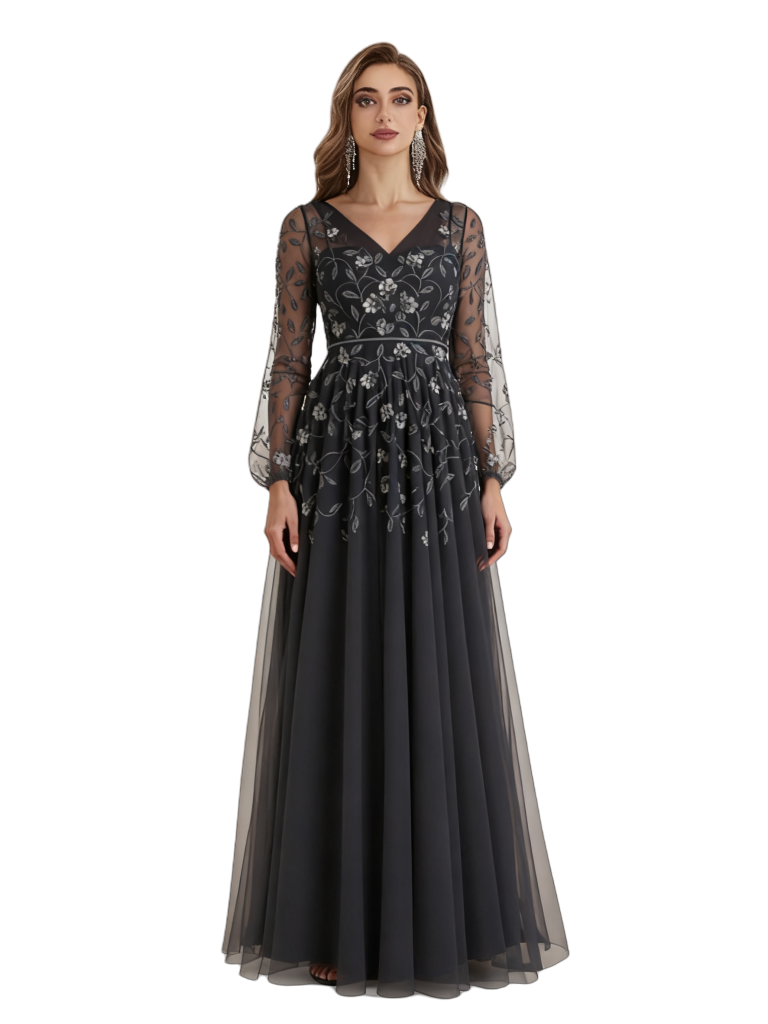 Elegant A-Line V-Neck Lace Long Sleeves Chiffon Long Mother Of The Bride Groom Dresses