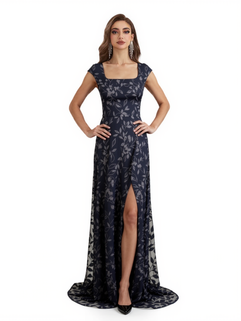 Elegant Lace Square Neck Side Slit Long Mother of The Bride and Groom Dresses For Wedding