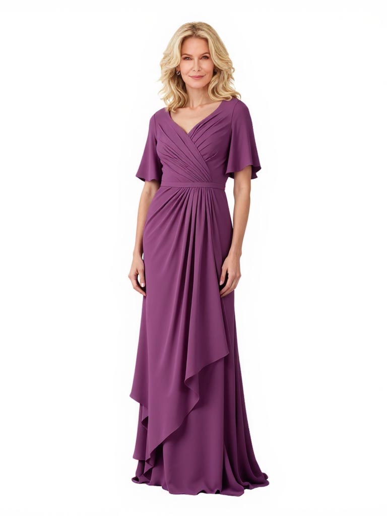 Elegant Chiffon V-Neck Half Sleeves Ruffle Long Mother of The Bride and Groom Dresses
