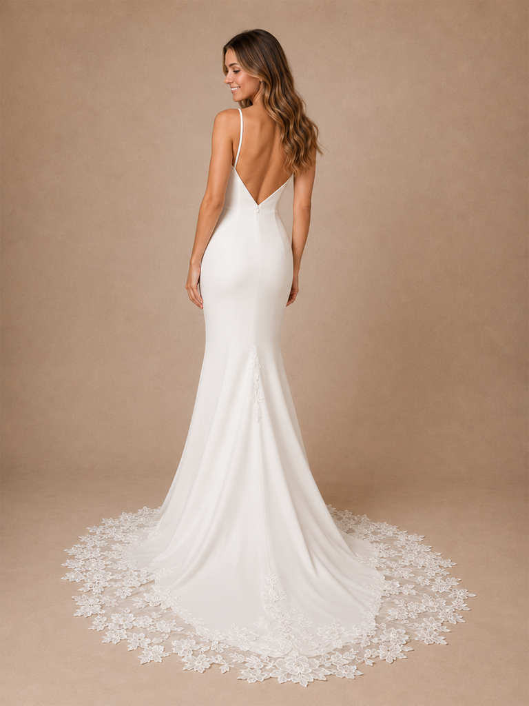ChicSew Sexy Mermaid Spaghetti Straps Sleeveless Satin Long Wedding Dresses With Lace Train
