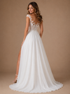 ChicSew Elegant Chiffon Lace A-Line Illusion Cap Sleeves Maxi Wedding DressWith Side Slit