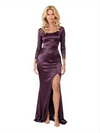 Elegant Long Sleeves Soft Satin Scoop Side Slit Mermaid Long Mother of The Bride Dresses
