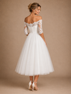 Chicsew Fancy Strapless Half Sleeves A-Line Tea-Length Lace Tulle Wedding Dress
