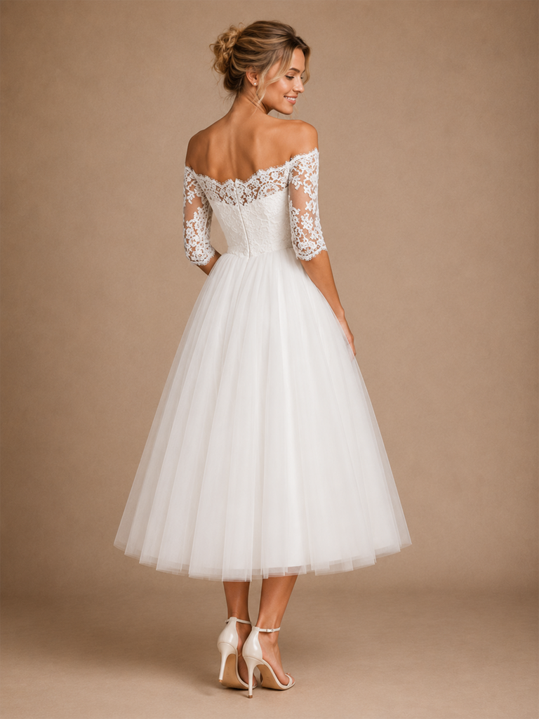 Chicsew Fancy Strapless Half Sleeves A-Line Tea-Length Lace Tulle Wedding Dress