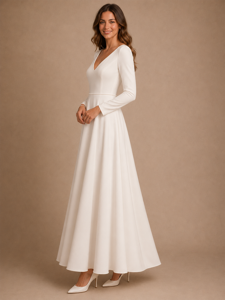 ChicSew Modern V-Neck Long Sleeves Beading Crepe A-Line Floor-Length Wedding Dress