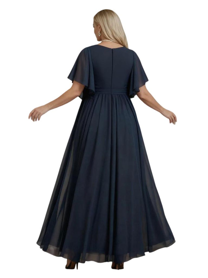Elegant V-neck Bell Sleeves Lace Chiffon A-Line Mother of The Bride Dresses Overskirt