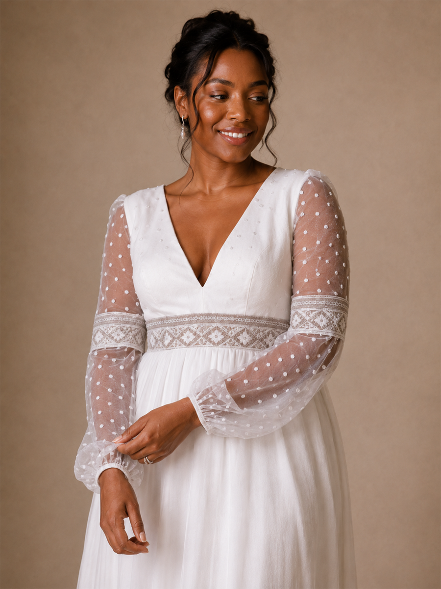 ChicSew Elegant V-Neck Long Tulle Sleeves Chiffon A-Line Maxi Wedding Dress