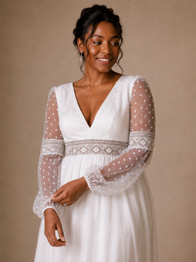 ChicSew Elegant V-Neck Long Tulle Sleeves Chiffon A-Line Maxi Wedding Dress