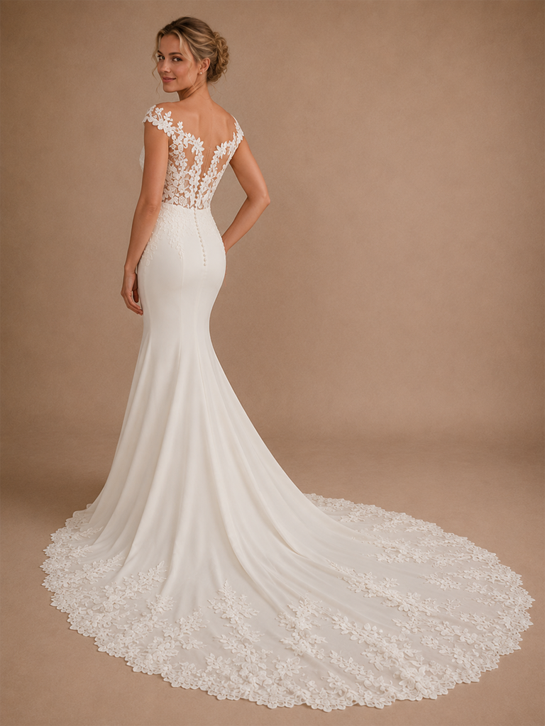 ChicSew Sexy V-Neck Mermaid Lace Crepe Off Shoulder Maxi Wedding Dress