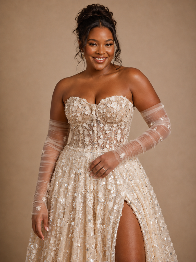 ChicSew Romantic Unique Sweetheart  A-Line Tulle Maxi Wedding Dress With 3D Floral Sequin