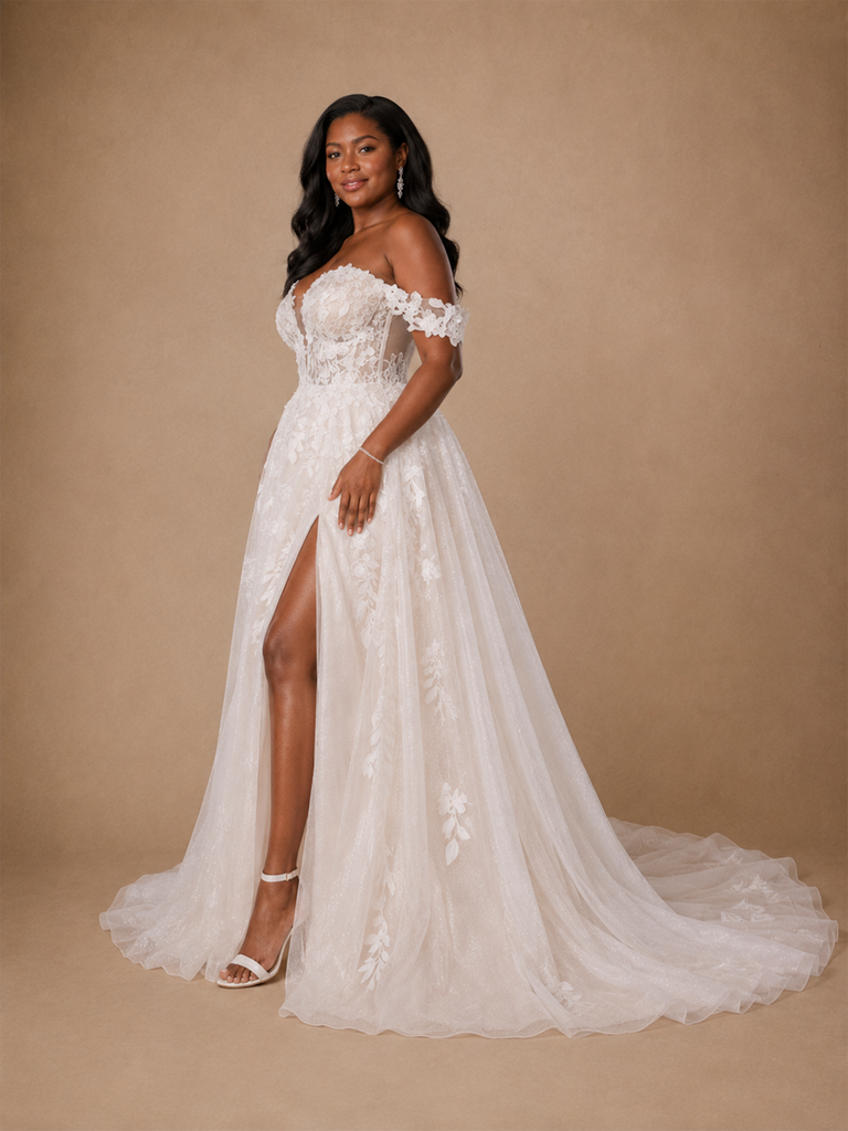 ChicSew Elegant Off The Shoulder Boning A-Line Sleeveless Lace Tulle Maxi Wedding Dress With Side Slit