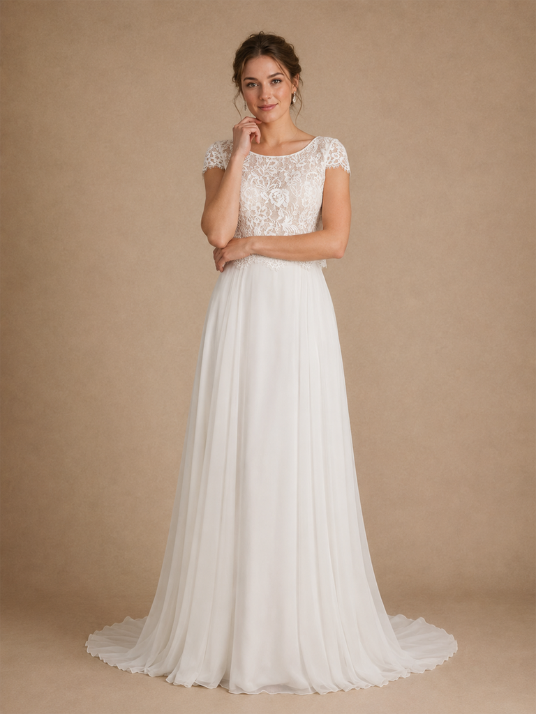 ChicSew Elegant Chiffon A-Line Lace Applique Cap Sleeves Maxi Wedding Dress