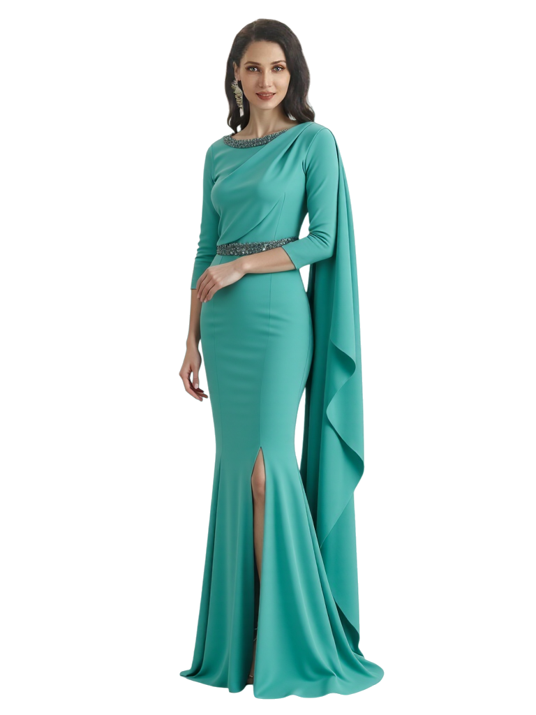Elegant 3/4 Sleeves Mermaid Crepe Long Mother of The Bride and Groom dresses Side Slit