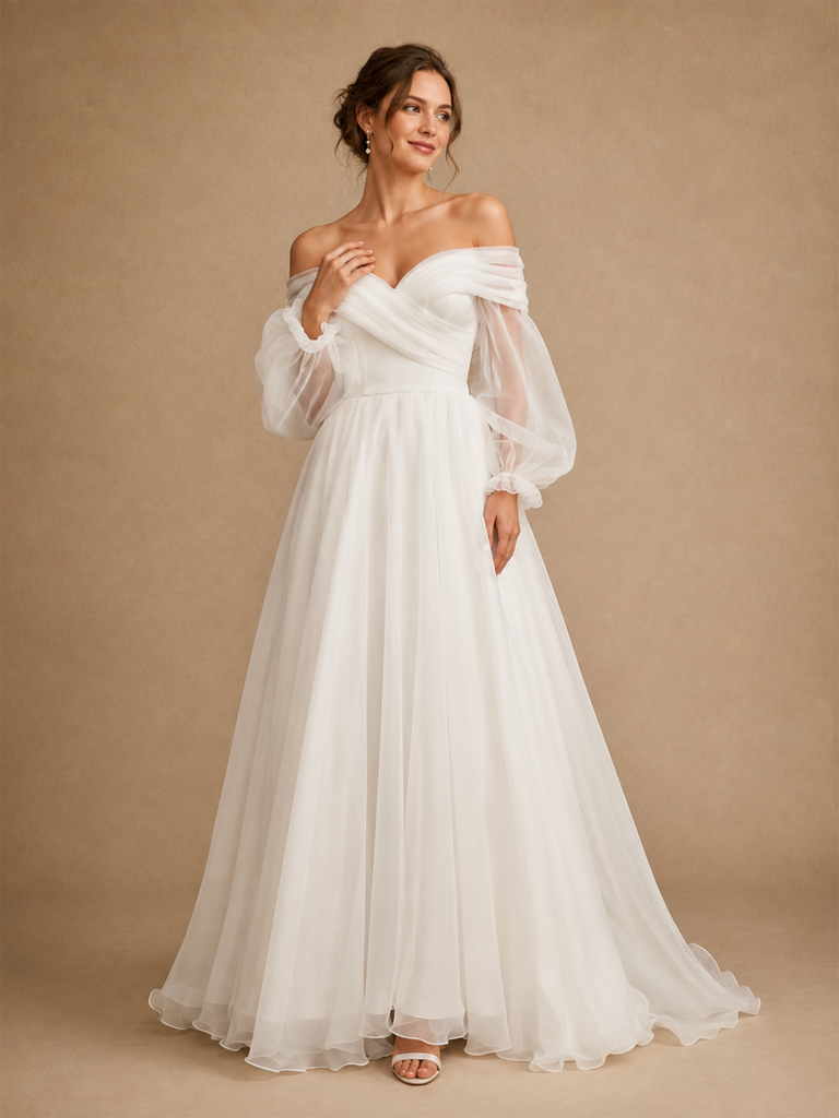 ChicSew Elegant Off Shoulder Long Sleeves Tulle A-Line Maxi Wedding Dress