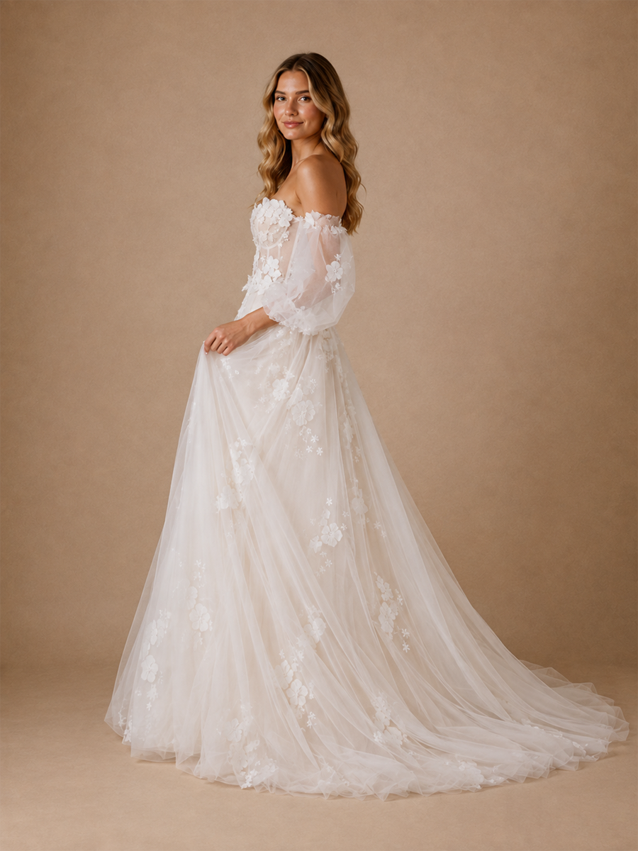 ChicSew Romantic Sweetheart Puff Sleeves Tulle Lace Appliques A-Line Maxi Wedding Dress