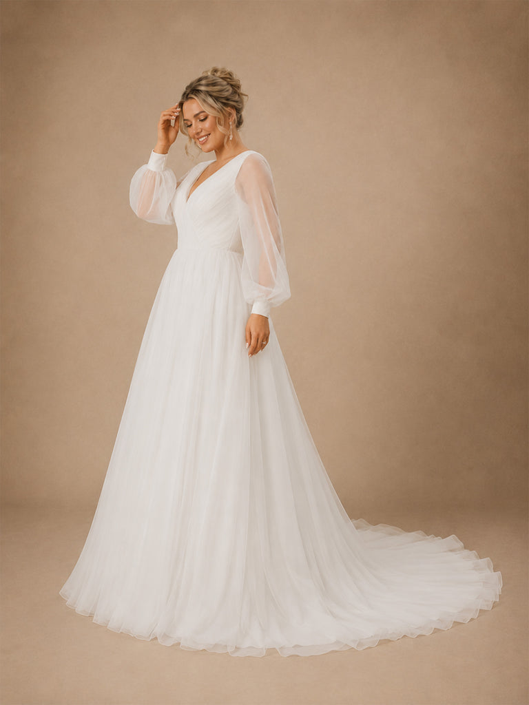 ChicSew Elegant V-Neck Long Sleeves A-Line Tulle Floor-Length Wedding Dresses