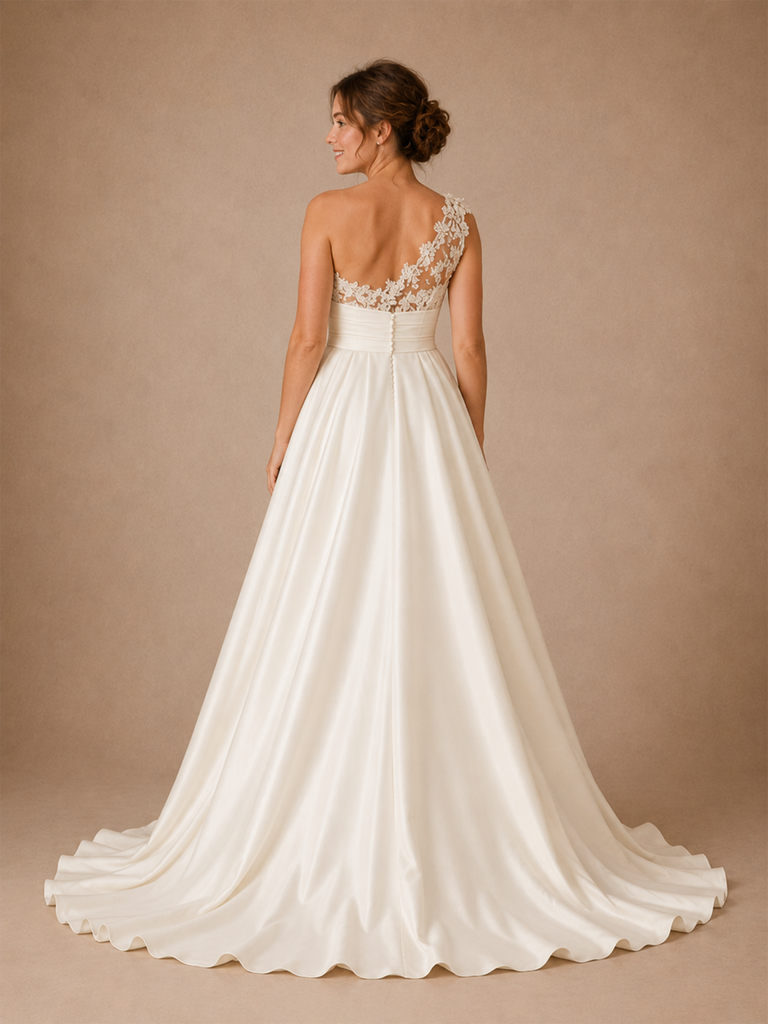 ChicSew Romantic Asymmetric One Shoulder Lace Appliques Satin A-Line Maxi Wedding Dress