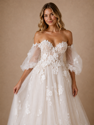 ChicSew Romantic Sweetheart Puff Sleeves Tulle Lace Appliques A-Line Maxi Wedding Dress