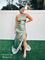 Sexy Soft Satin Side One Shoulder Maxi Long Mermaid Formal Prom Dresses Sale With Slit