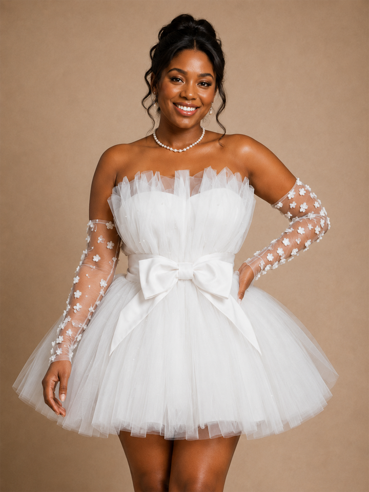 ChicSew Fancy Strapless Bow Knot Sleeveless A-Line Tulle Mini-Length Wedding Dress