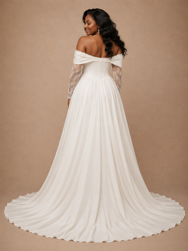 ChicSew Fancy Crepe Off The Shoulder A-Line Side Slit Long Wedding Dress With Lace Applique