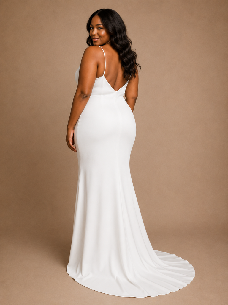 ChicSew Elegant V-Neck Spaghetti Straps Mermaid Crepe Floor-Length Wedding Dress