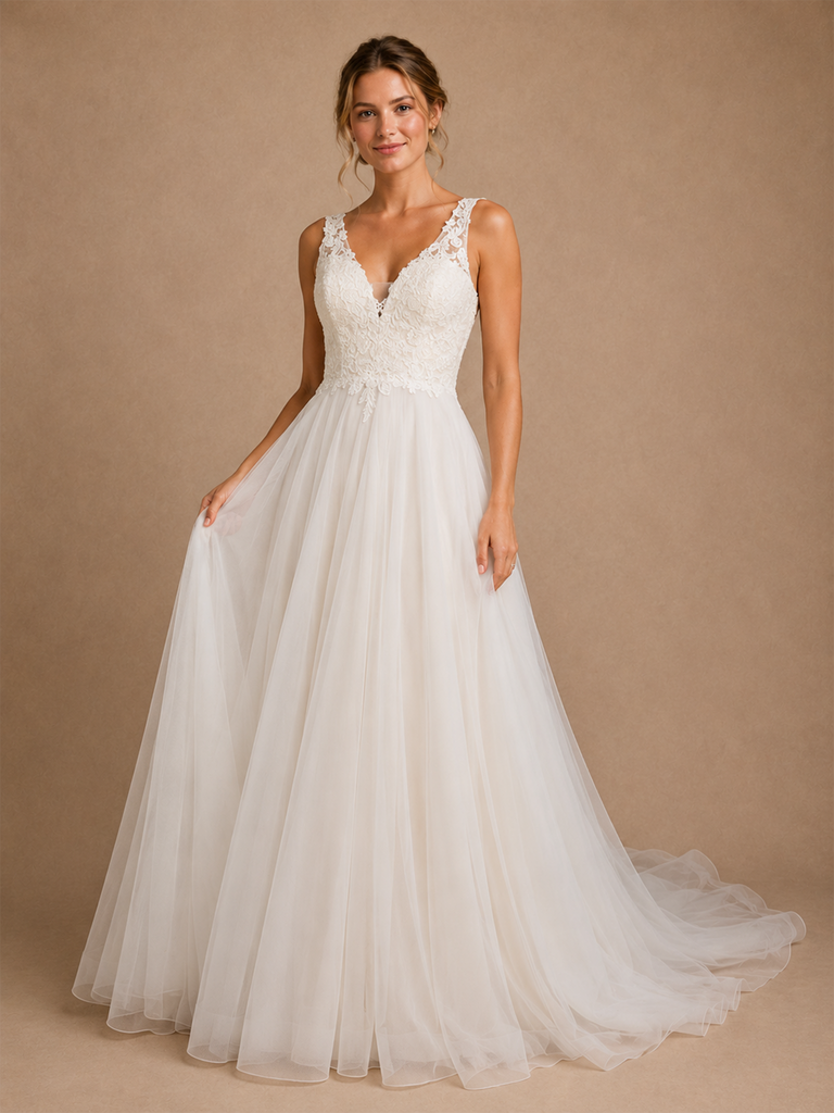 ChicSew Elegant Fancy V-Neck A-Line Lace Tulle Sleeveless Long Wedding Dress