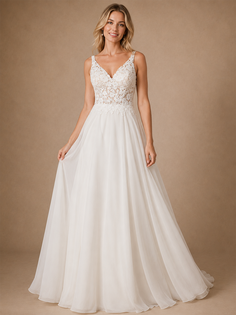 ChicSew Elegant A-Line Lace Chiffon Spaghetti Straps Sleeveless Maxi Wedding Dress