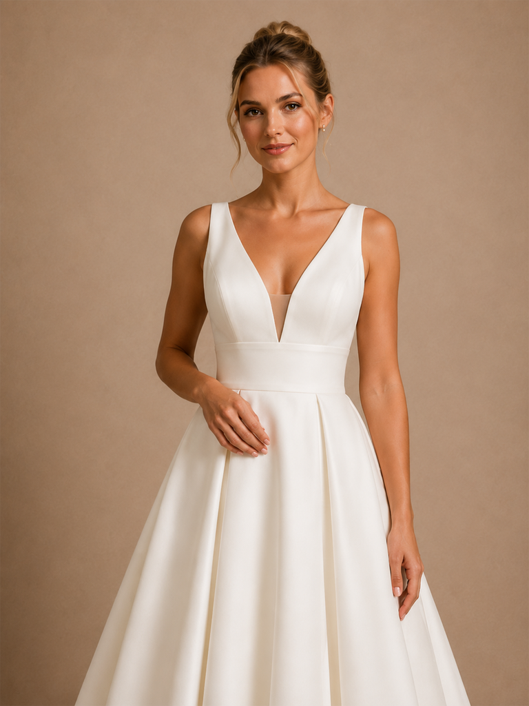 ChicSew Classy Elegant V-Neck Sleeveless Satin A-Line Maxi Long Wedding Dress