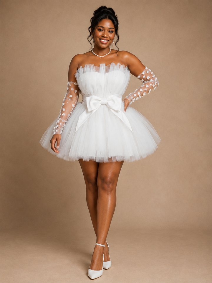 ChicSew Fancy Strapless Bow Knot Sleeveless A-Line Tulle Mini-Length Wedding Dress