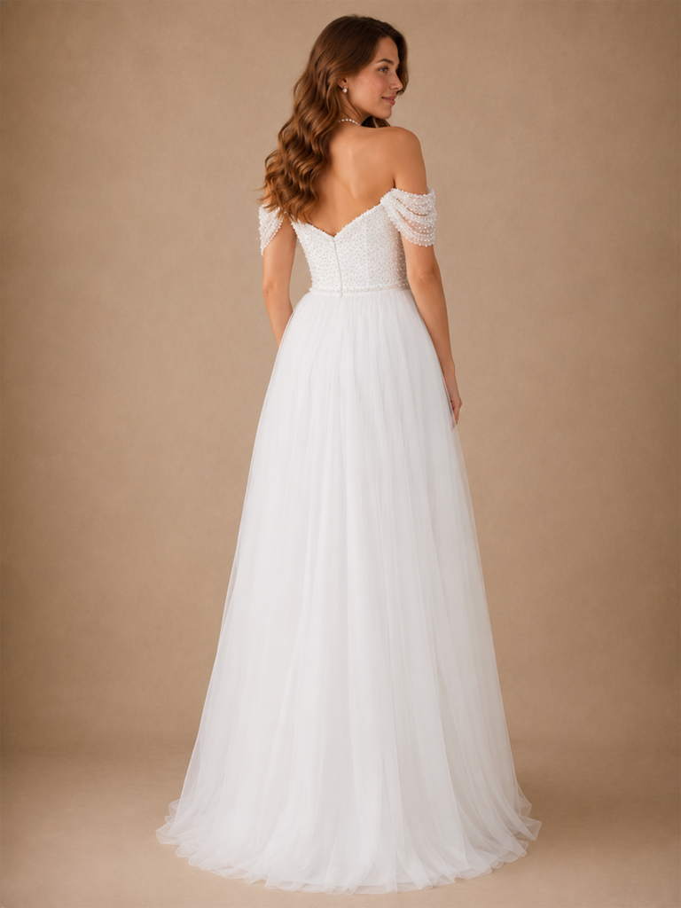 ChicSew Elegant Off The Shoulder Sleeveless Beading Tulle A-Line Long Wedding Dress