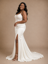 ChicSew Fancy Mermaid Spaghetti Straps Side Slit Satin Floor-Length Wedding Dress With Lace Applique