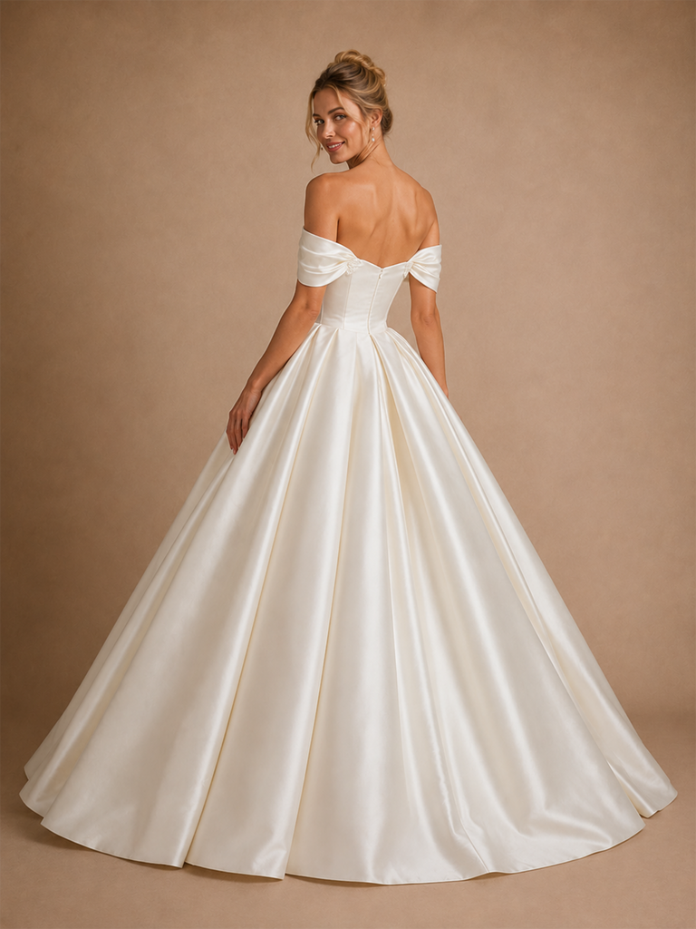 ChicSew Classic Off Shoulder Sleeveless Satin A-Line Floor-Length Wedding Dresses With Beading