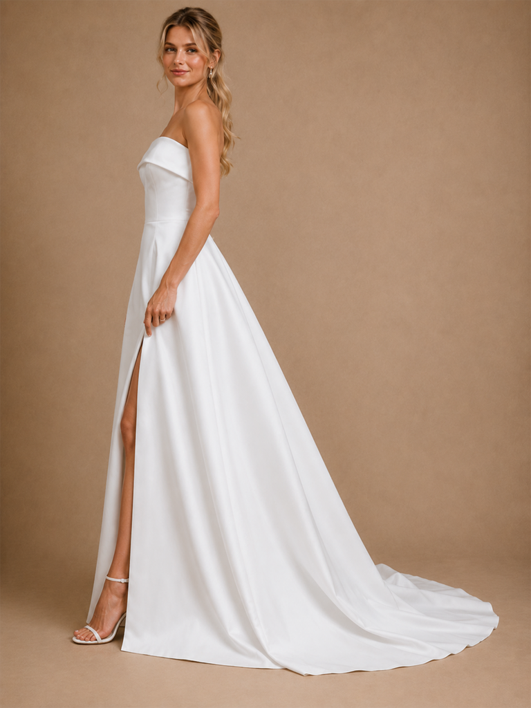 ChicSew Fancy Strapless Side Slit A-line Satin Floor-Length Wedding Dress