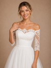 Chicsew Fancy Strapless Half Sleeves A-Line Tea-Length Lace Tulle Wedding Dress