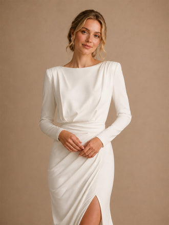 ChicSew Elegant Classy Mermaid Jewel Long Sleeves Crepe Ruched Side Slit Long Wedding Dress