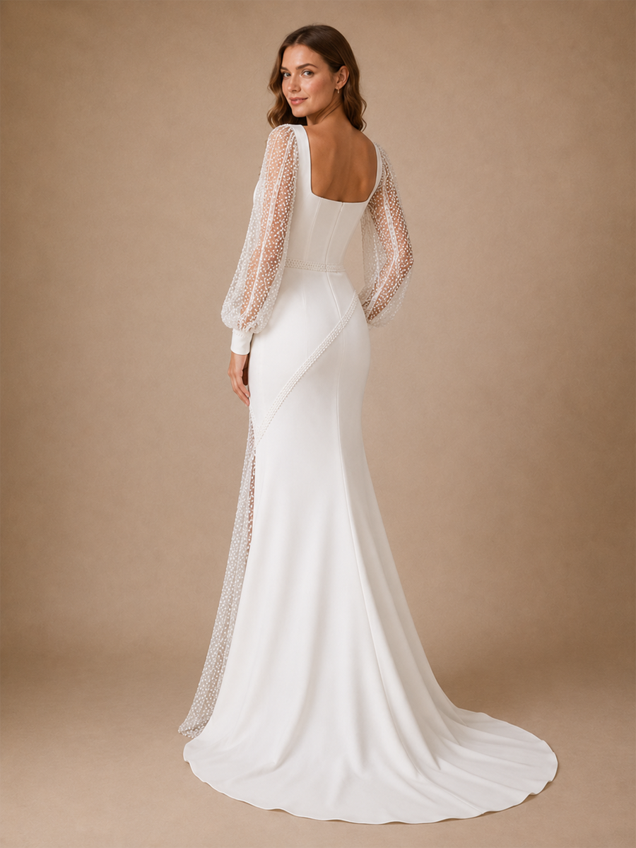 ChicSew Unique Mermaid Square Neck Crepe Beaded Tulle Long Sleeves Floor-Length Wedding Dress