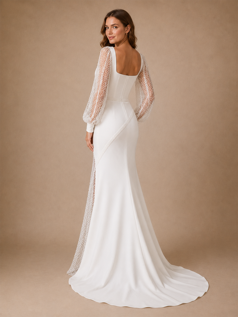 ChicSew Unique Mermaid Square Neck Crepe Beaded Tulle Long Sleeves Floor-Length Wedding Dress
