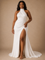 ChicSew Elegant Crepe Halter Mermaid Side Slit Ruched Floor-Length Wedding Dress