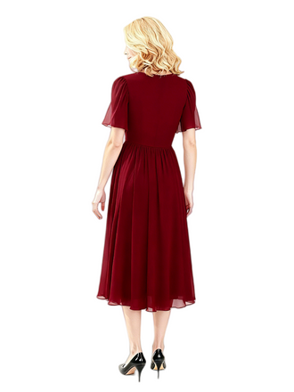 Elegant Short Sleeves Jewel Chiffon A-Line Midi Length Mother Of The Bride Dresses