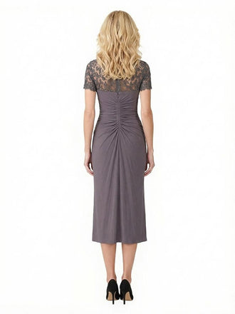 Elegant Chiffon V-Neck Short Sleeves Lace Ruched Midi Mother of The Bride Dresses