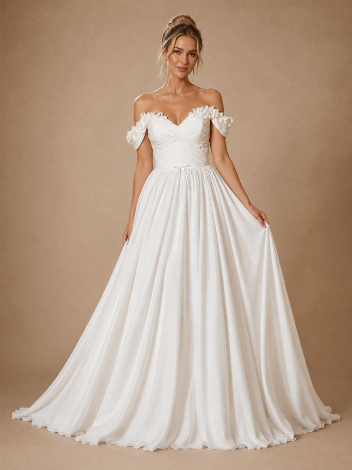 ChicSew Elegant V-Neck Off The Shoulder Chiffon A-Line Maxi Wedding Dress With 3D Flowers