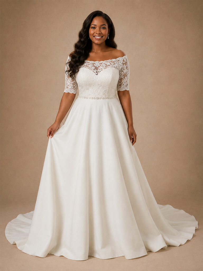 ChicSew Elegant Short Sleeves Rhinestone A-Line Lace Appliques Crepe Maxi Wedding Dress