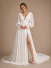 ChicSew Fancy V-Neck Chiffon Pleated Long Sleeves A-Line Floor-Length Wedding Dress With Side Slit
