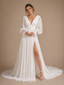 ChicSew Fancy V-Neck Chiffon Pleated Long Sleeves A-Line Floor-Length Wedding Dress With Side Slit