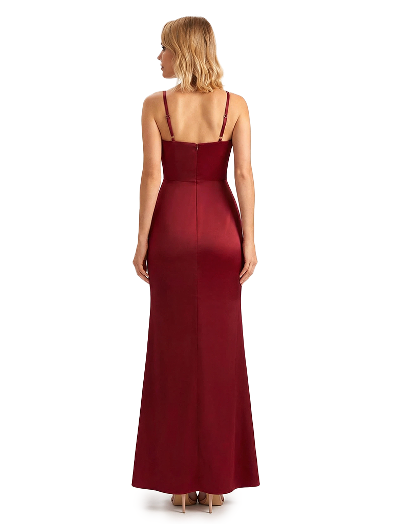 Sexy V-Neck Spaghetti Straps Silky Satin Mermaid Long Evening Gown Dresses For Women