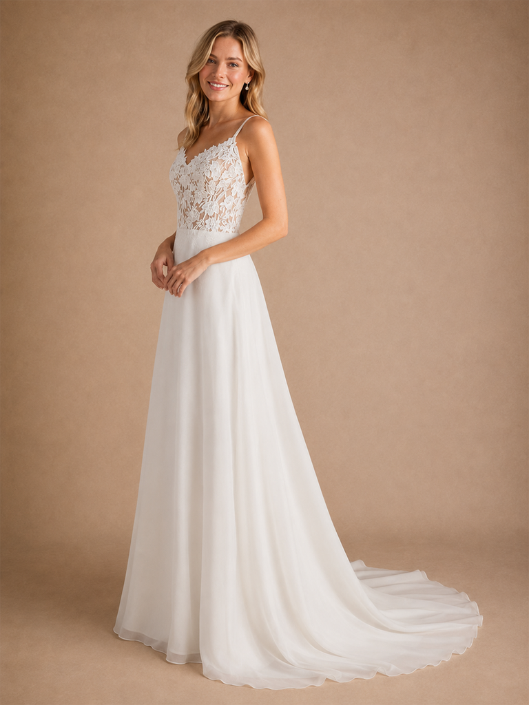 ChicSew Elegant Fancy Spaghetti Straps A-Line Lace Chiffon Maxi Long Wedding Dress