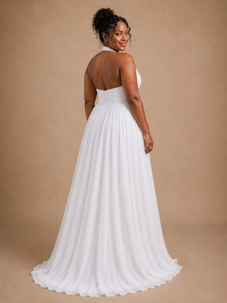 ChicSew Fancy Halter Sleeveless Pleats Chiffon A-Line Long Wedding Dress